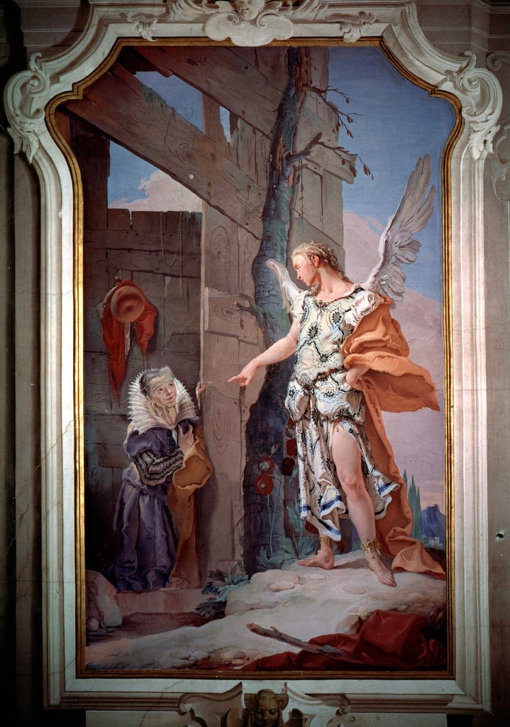 Fresco in a stucco frame: a winged angel points at an elderly woman in a lace ruff beside a wooden wall.
