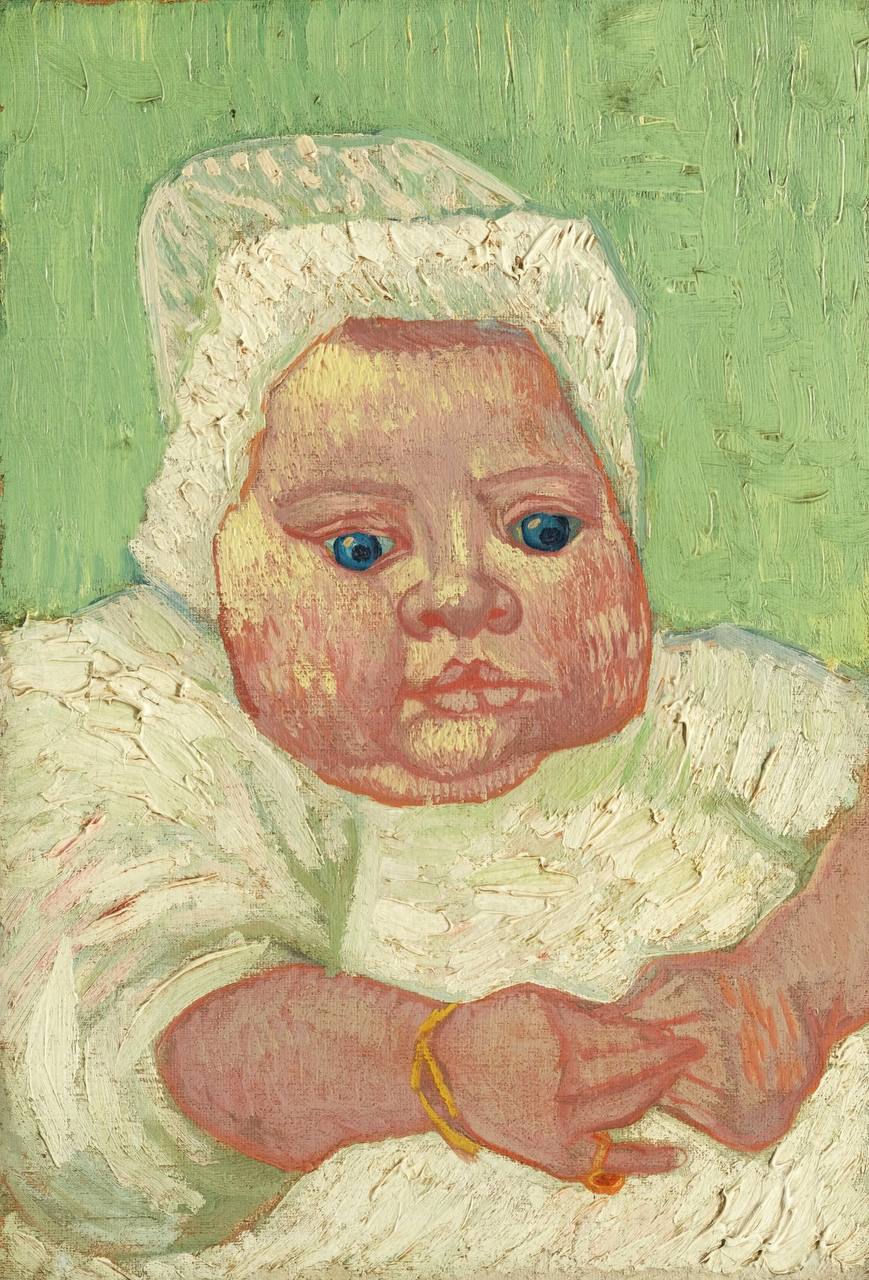 Painted portrait of a baby in a white bonnet and white clothes against a light green background, in thick brushstrokes.