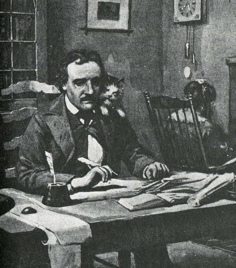 Drawing of Edgar Poe seated at a desk with a quill in hand, a cat perched on his shoulder.
