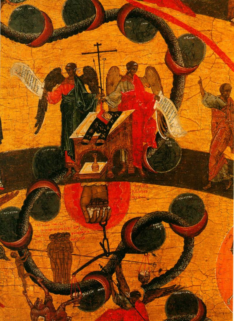 Deux anges ailés tenant des rouleaux se tiennent près d'un trône portant une croix et l'Évangile. Dessous, une main tient des âmes ; on voit des balances, des nus et des démons.