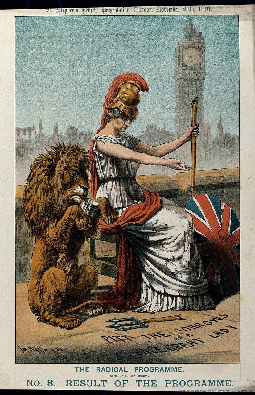 Britain Impoverished by the Liberals Begs on the Thames Embankment with Her Battered Lion, the Palace of Westminster in Ruins Behind Her