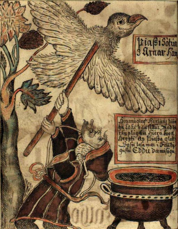 Loki strikes with a staff the wicked giant who has taken the shape of an eagle to prevent Odin, Loki and Hœnir from roasting an ox