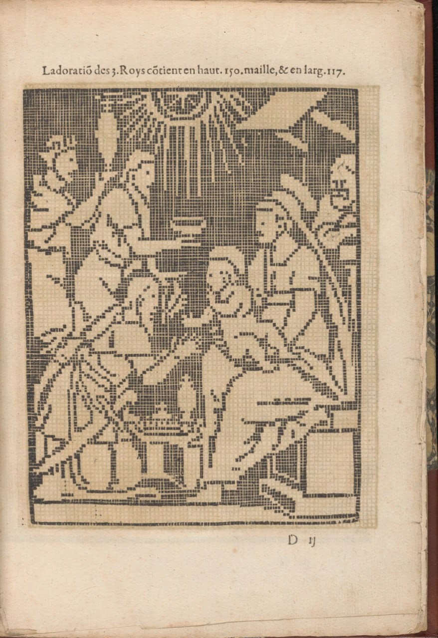Page of an old book with a black and white gridded embroidery pattern showing the Adoration of the Magi, with a French caption above it.