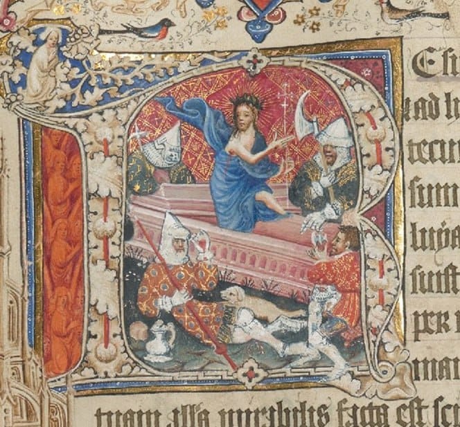 Medieval miniature in an initial: Christ in a blue cloak rises above the tomb while helmeted guards with weapons sleep around it.