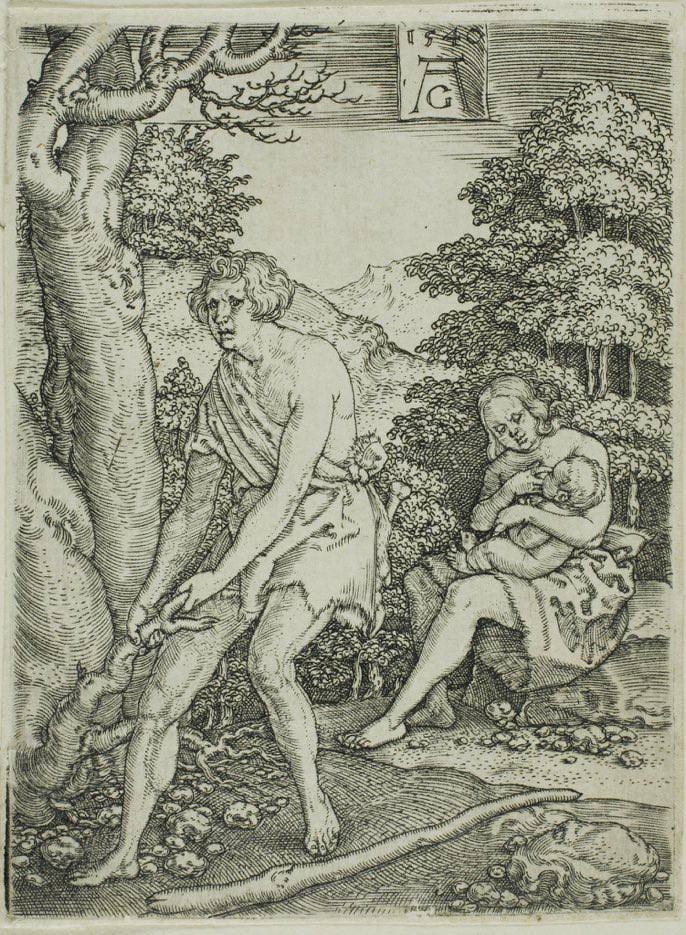 Black and white engraving: a man in a skin garment uproots a tree while a woman sits on a rock in the background nursing a child.