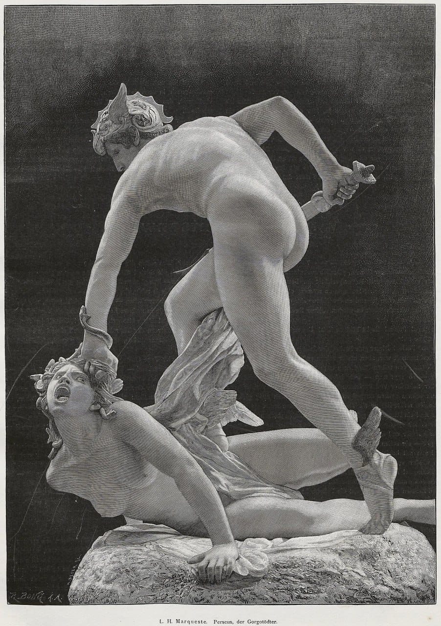 Engraving of L. H. Marqueste's sculpture “Perseus, the Gorgon Slayer”: a nude Perseus in a winged helmet stands over Medusa.