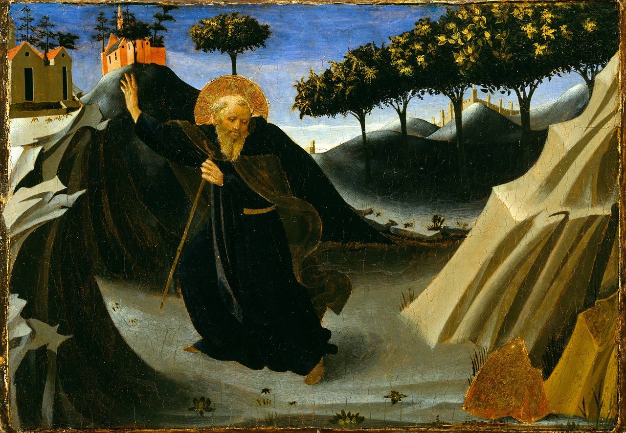 Saint Anthony hurries away from an imposing mountain of gold that has appeared to him from a cave, resisting the temptation of riches