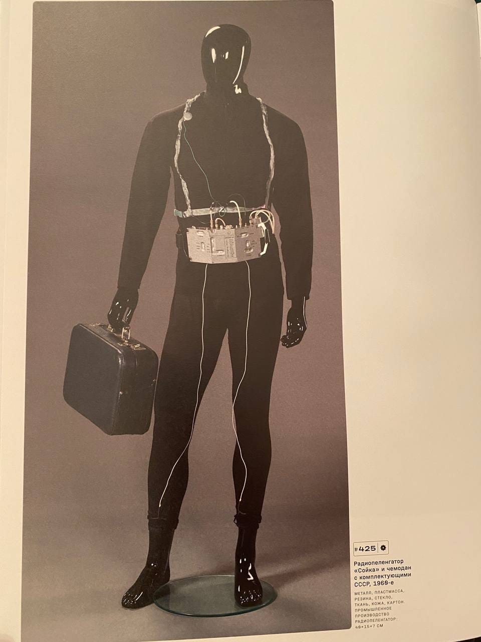Catalogue page: a mannequin in black with a Soyka radio direction finder at the waist and a suitcase in hand, USSR, 1960s.