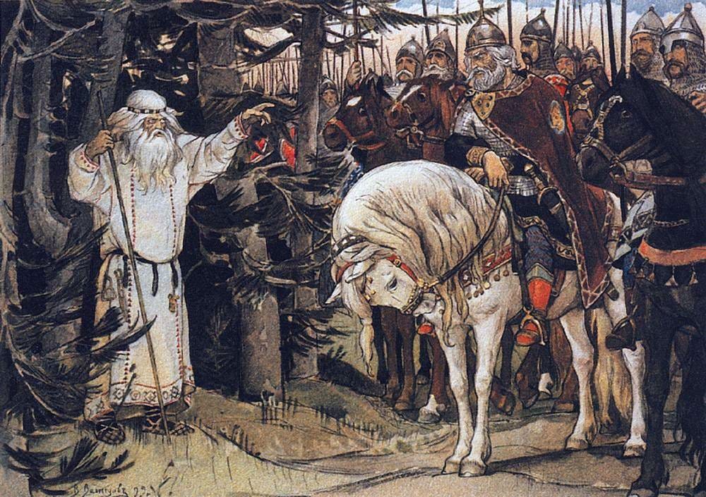 Rencontre d'Oleg le Sage avec le sorcier, Adieux d'Oleg à son cheval et Repas funéraire sur la tombe d'Oleg le Sage, Viktor Vasnetsov