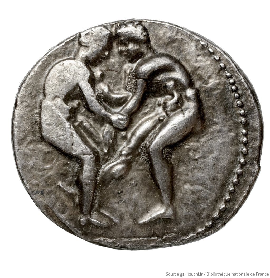 Lutteurs sur des monnaies grecques des Ve-IVe siècles av. J.-C. provenant d'Aspendos, ancienne cité gréco-romaine de la province d'Antalya