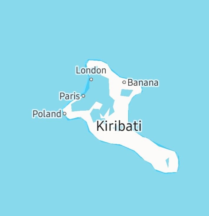 Map of Kiribati showing white land on a blue ocean with markers for London, Paris, Poland and Banana.