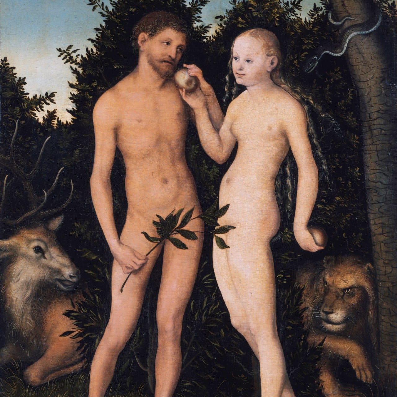 Peinture d'un homme et d'une femme nus devant un feuillage sombre : elle lui tend une pomme, il tient une branche. Un serpent s'enroule à l'arbre ; un cerf et un lion sont couchés.
