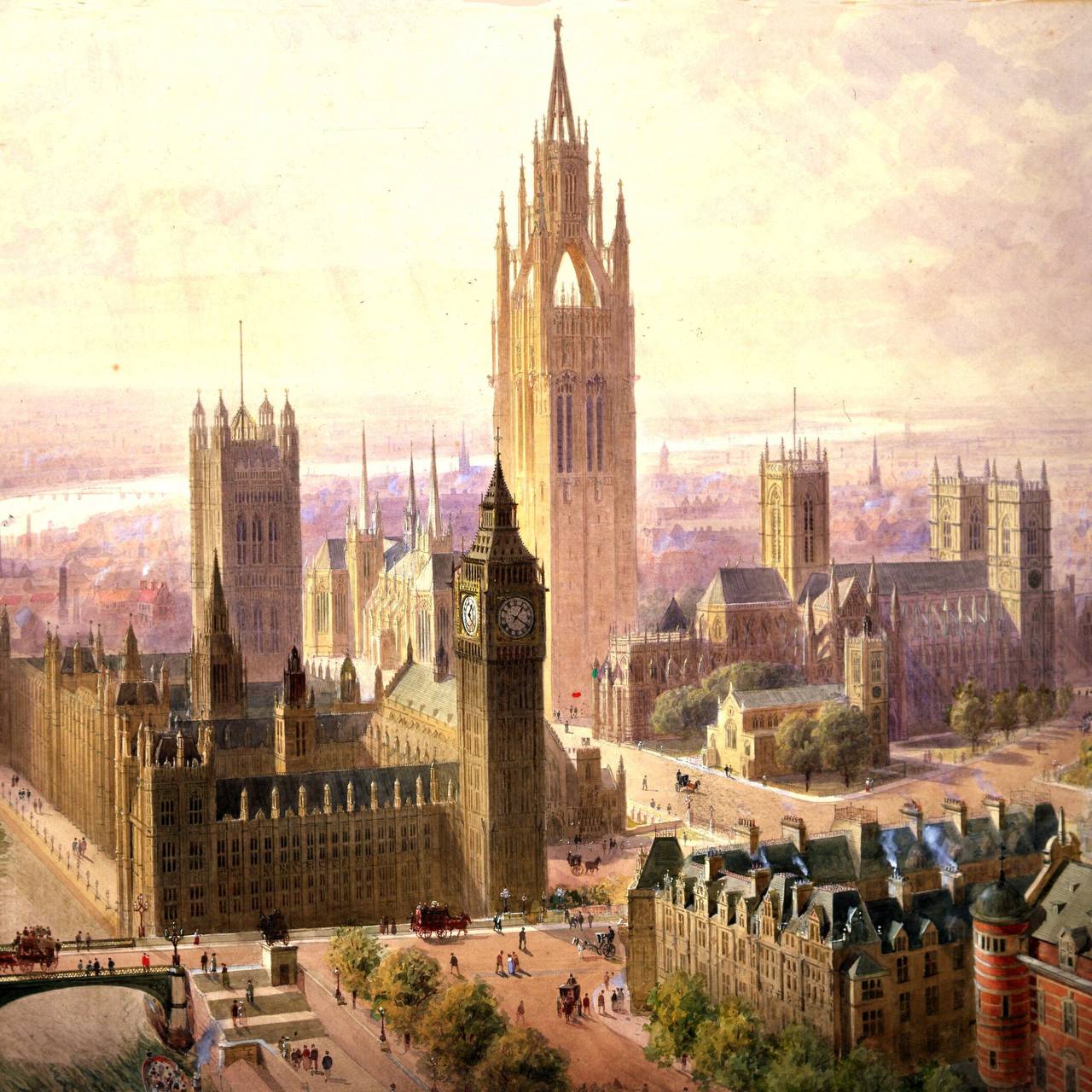 A 1904 project envisaged a new neo-Gothic abbey in the immediate vicinity of Westminster Abbey, which had been judged too crowded with antiquities