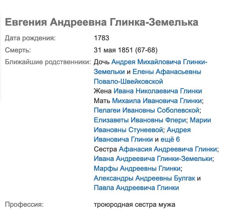 The mother of the composer Mikhail Ivanovich Glinka, Yevgenia Andreyevna Glinka-Zemelka, married her second cousin Ivan Nikolayevich Glinka and became a Glinka, but without the Zemelka