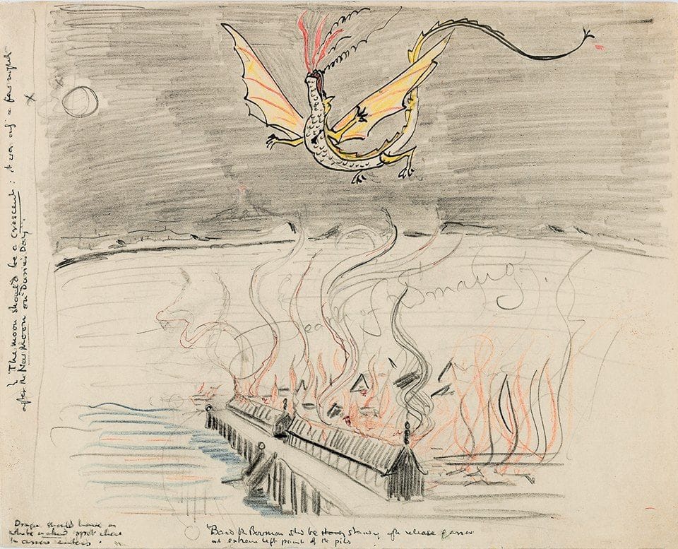 La mort de Smaug, dessin de Tolkien lui-même