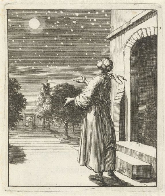 Une femme contemple le ciel nocturne, Jan Luyken, 1687