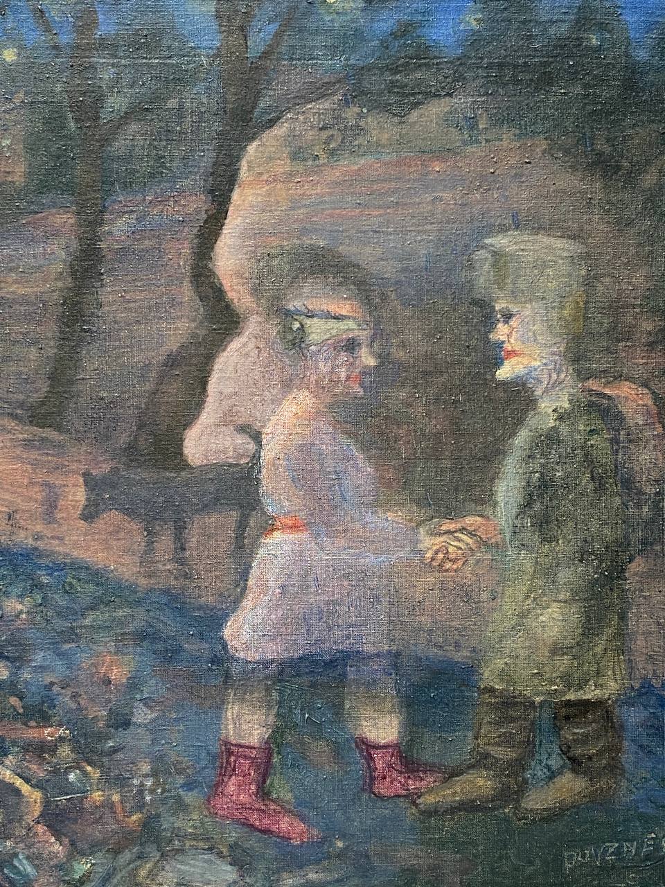 Une fillette en robe claire et bottes rouges tient la main d'un vieil homme en manteau vert, sac au dos ; derrière eux, une vache sombre, des arbres et un grand rocher.