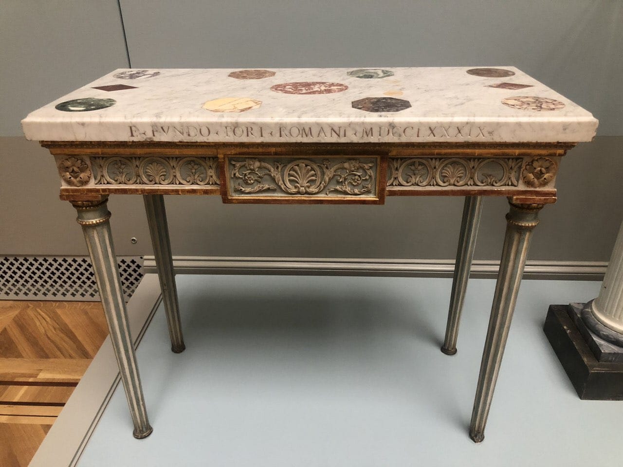 Table made from the marble floor of the Basilica Julia, brought from Rome to Sweden
