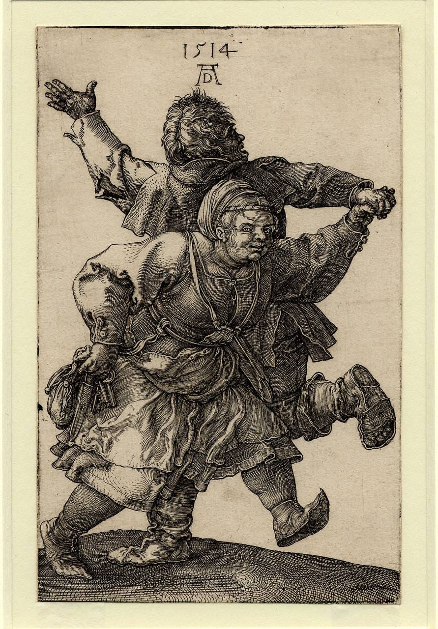Gravure datée de 1514 avec le monogramme AD : un homme et une femme dansent, l'homme derrière la femme, un bras levé.