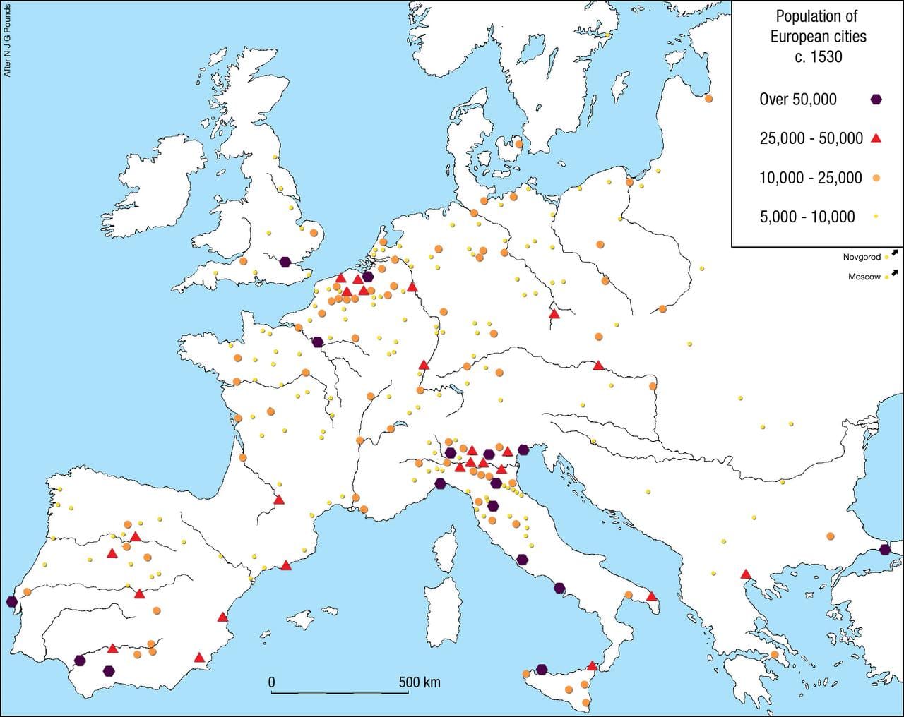 La population des villes européennes vers le premier tiers du XVIe siècle