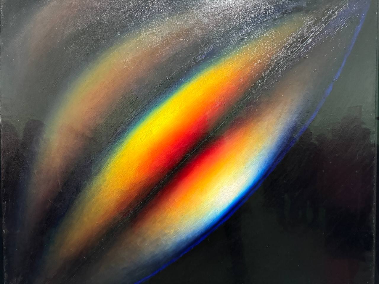 Abstract oil painting of a diagonal band of yellow, orange and red light with a blue edge against a dark grey-green background.