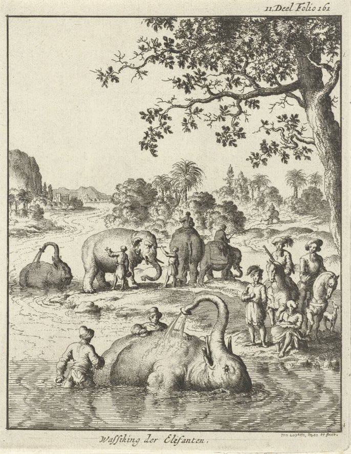 Black and white engraving of elephants bathing in a river, with people and two horsemen standing on the bank under a large tree.
