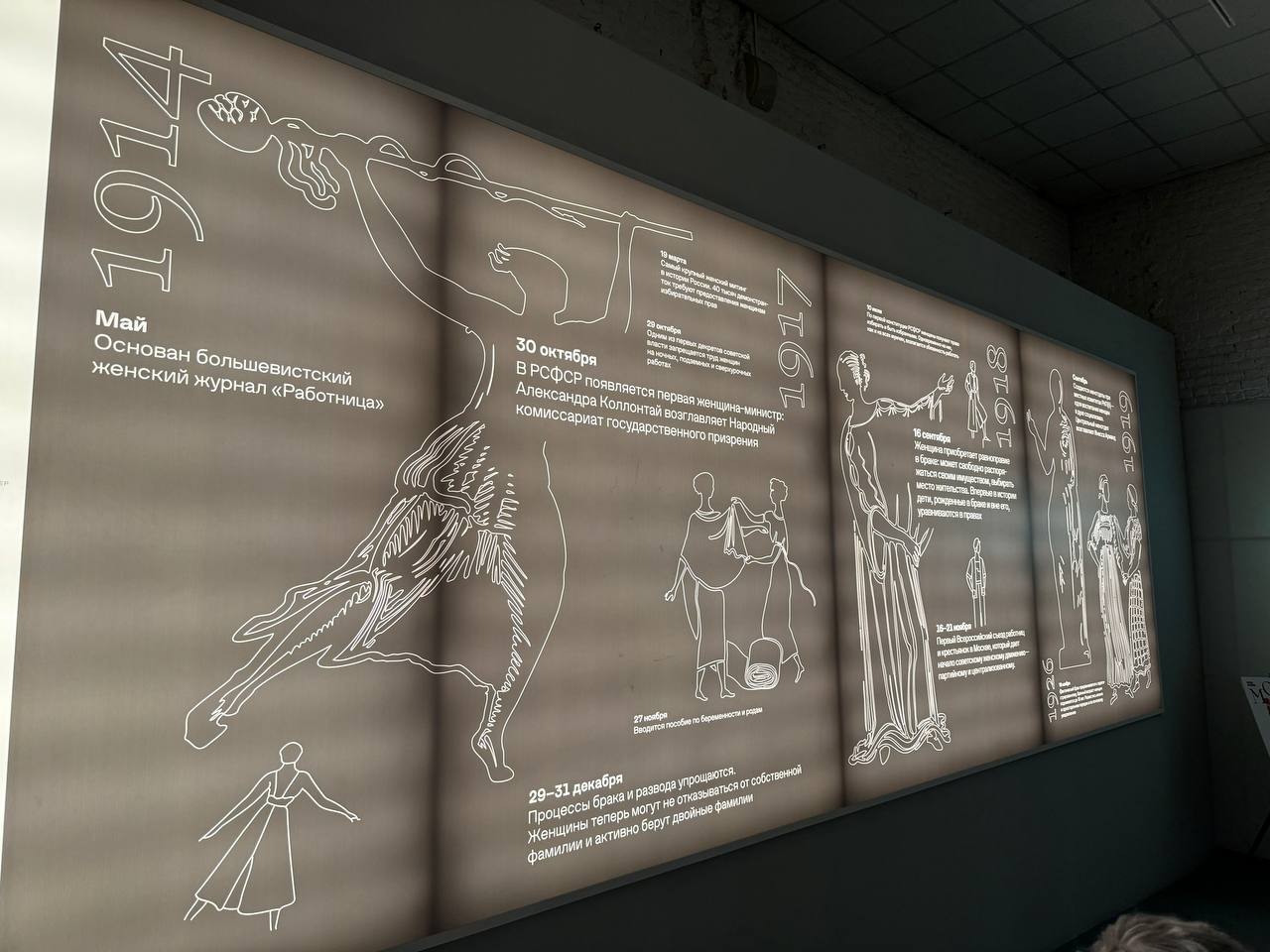 Panneau rétroéclairé avec une chronologie 1914-1919 et des figures féminines au trait. On y lit la revue Rabotnitsa, la nomination de Kollontaï et la loi sur le mariage.