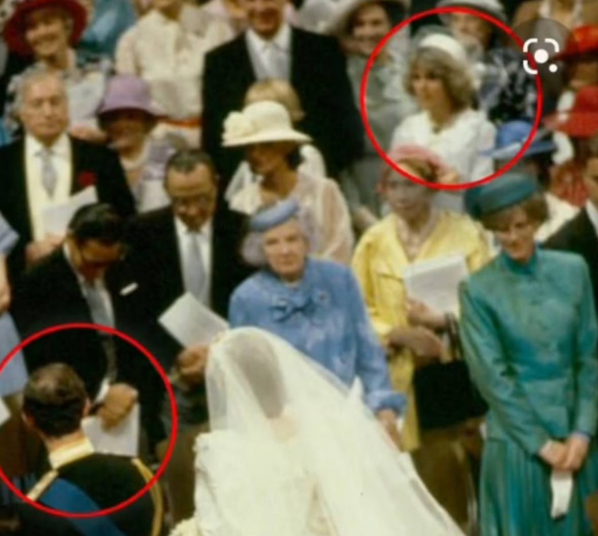 Camilla Parker Bowles en robe blanche et chapeau à voilette au mariage du prince Charles et de la princesse Diana