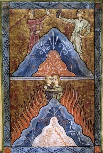 Medieval miniature: above, a man and a woman hold stones over a mountain; below, they embrace amid flames.