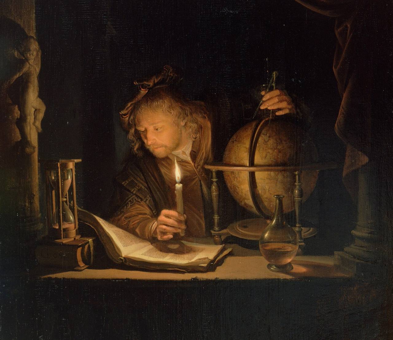Si jamais l'orgueil vous gagne, comparez-vous, vautrés jusqu'à deux heures du matin avec votre téléphone dans les bras à faire défiler des reels, à l'astronome du XVIIe siècle du peintre hollandais Gerrit Dou, qui, avec son sablier et son globe, passe ses