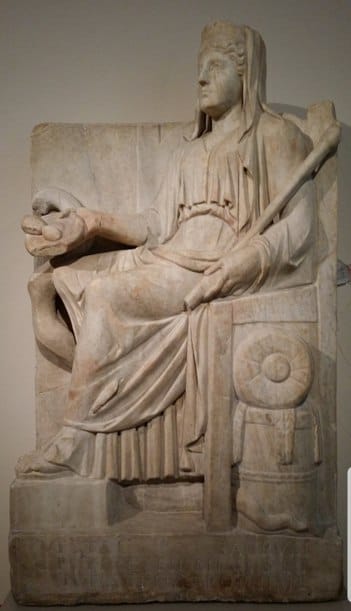 Relief of the 2nd century AD dedicated to the goddess Vesta, guardian of the hearth and patroness of the millers' guild, set up at the expense of the baker Pupius Firminus and his wife Mudasena Trophima