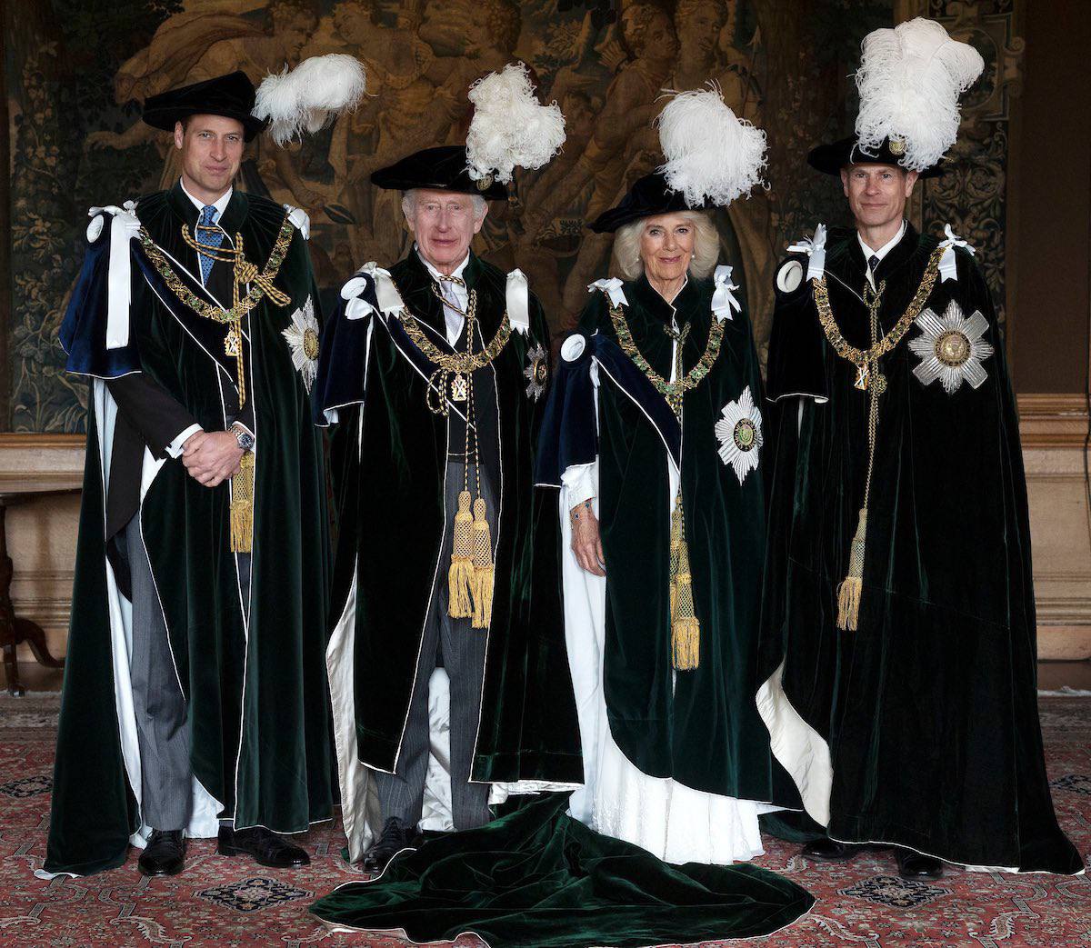 King Charles, Queen Camilla, William, Prince of Wales, styled Duke of Rothesay when visiting Scotland, and Edward, Duke of Edinburgh, after the service of the Order of the Thistle at St Giles' Cathedral in Edinburgh