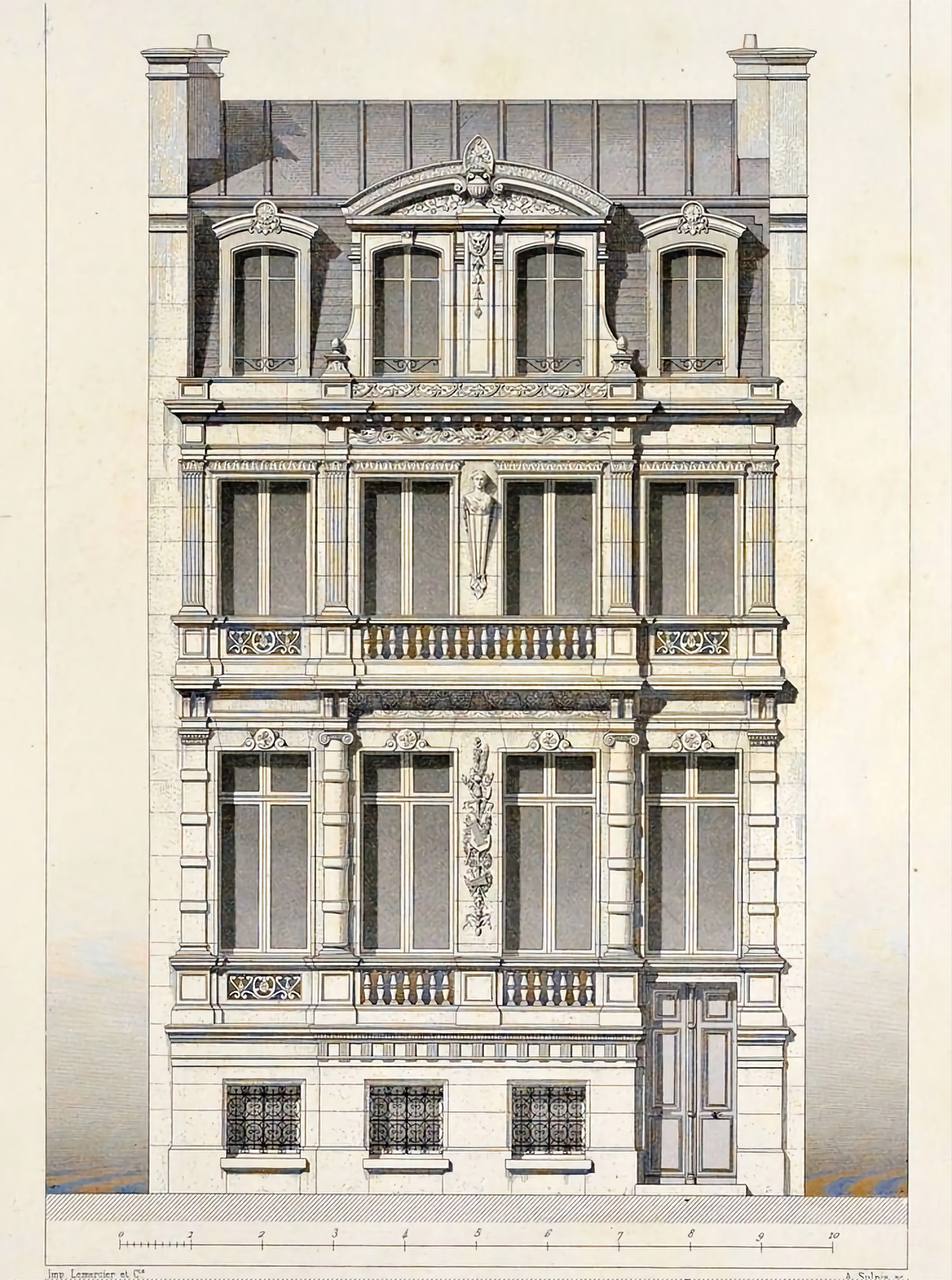 Dessin en couleurs de la façade d'un immeuble à étages avec décor sculpté, balcons à balustres, lucarnes et échelle graduée en bas.