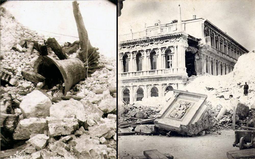 Collage de deux photos : une cloche parmi les gravats, et un édifice à arcades entouré de décombres, avec un bloc sculpté tombé au premier plan.