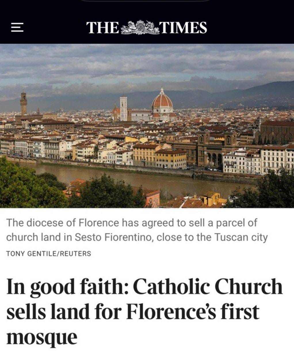 Le terrain sur lequel sera bâtie la première mosquée de Florence a été acheté à l'Église catholique