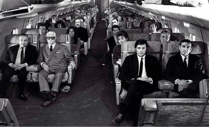 The Whole Crew of "The Sicilian Clan" on Board One Aeroplane: Henri Verneuil, Jean Gabin, Alain Delon and Lino Ventura