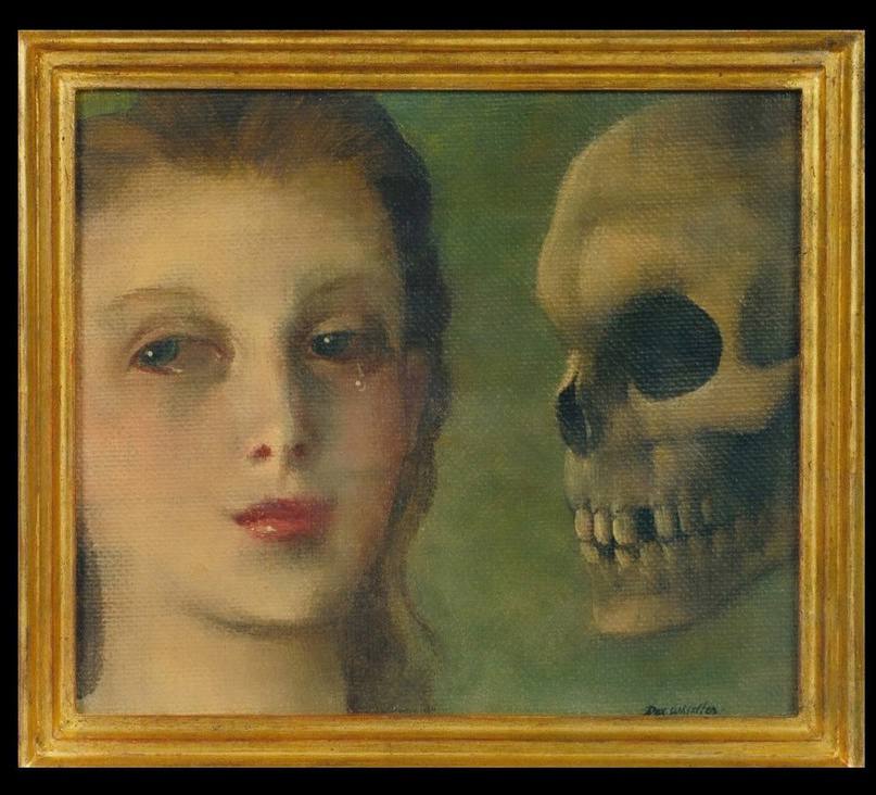 Tableau dans un cadre doré : visage de jeune fille avec une larme sur la joue et crâne humain à droite sur fond vert.