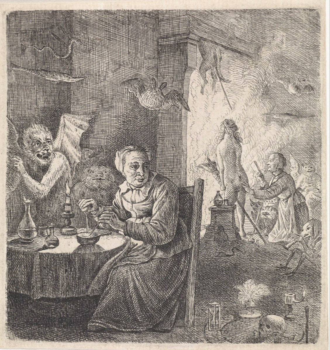 Etching of an elderly woman at a table with flasks and a candle, demons beside her, and fire and smoke behind.