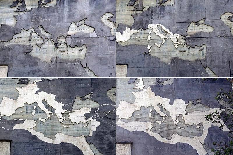 Marble maps charting the territorial growth of the Roman Empire, set up under Benito Mussolini on the walls of the Basilica of Maxentius, the last building of imperial Rome