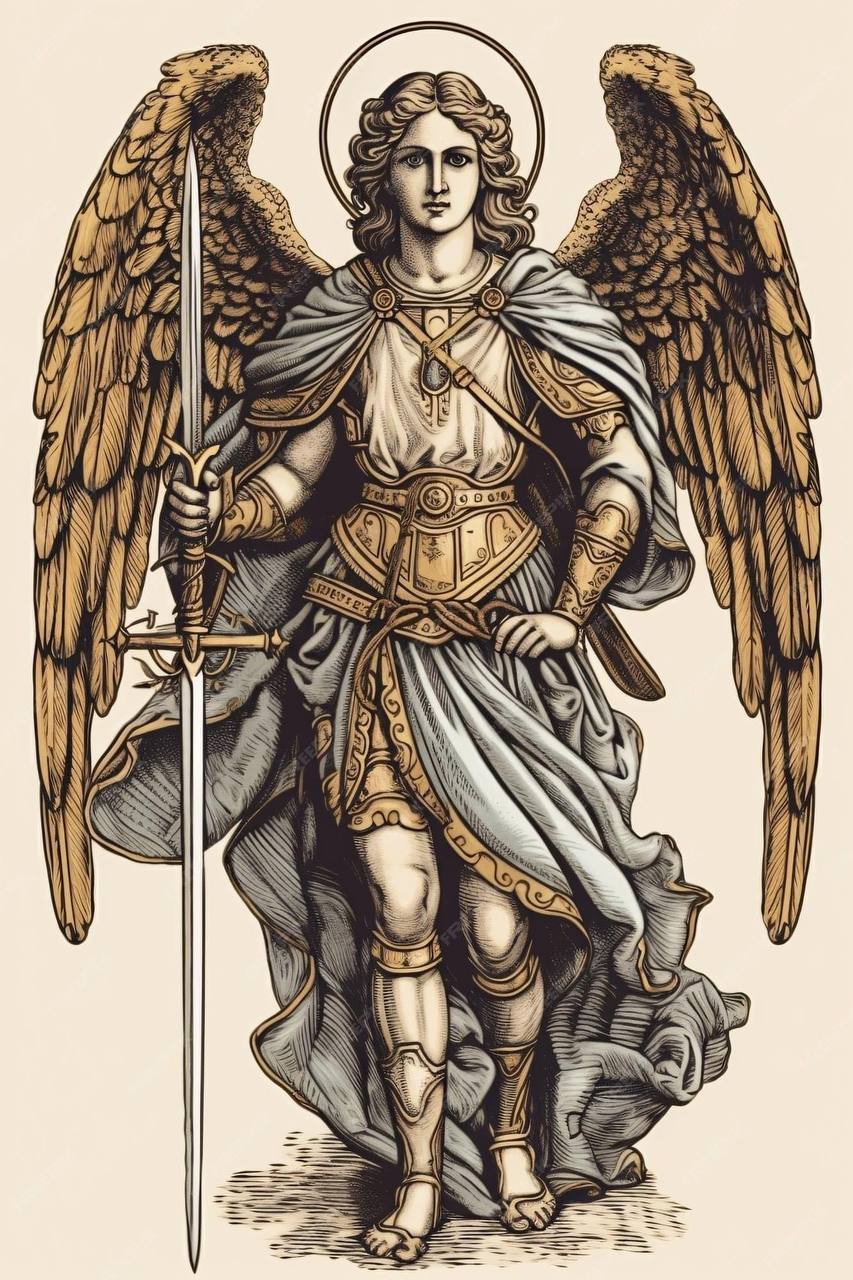 Gravure stylisée d'une figure ailée en pied, nimbée, en armure et cape, tenant une longue épée dressée. Les ailes sont dorées.