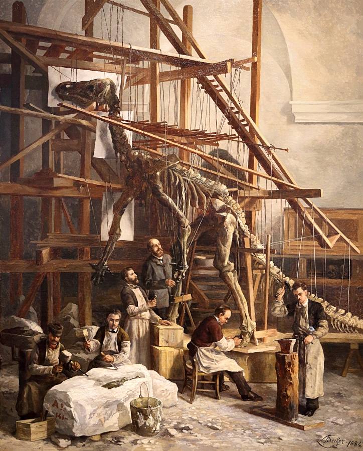 How touching that a man was found, namely the nineteenth-century Belgian painter Léon Becker, who wished to record "The Mounting of the First Iguanodon from Bernissart in the Chapel of Saint George in Brussels", for that is what the picture is called