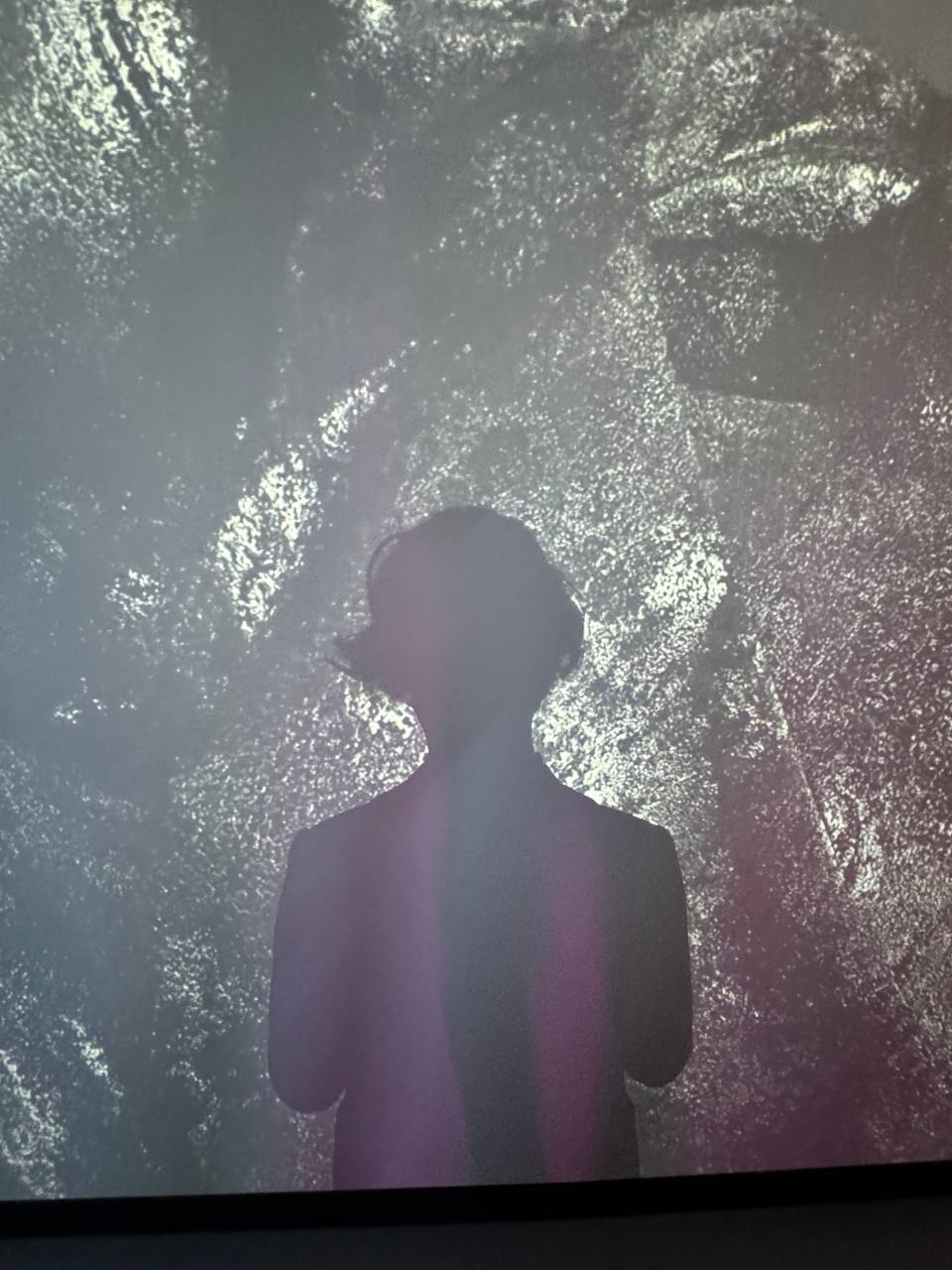 Silhouette sombre d'une personne de dos devant un grand écran. L'écran montre une surface claire et granuleuse, proche de la pierre, avec des reflets rosés.