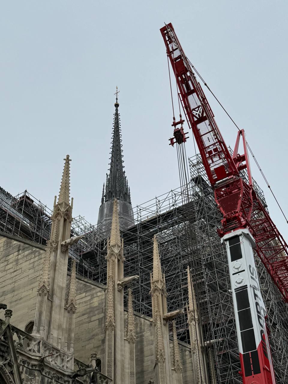 Pinacles gothiques et gargouilles de la cathédrale, avec une flèche sombre derrière, entourée d'échafaudages. À droite, la flèche d'une grue rouge se dresse sur un ciel gris.