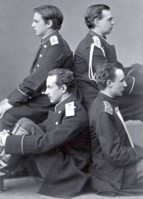 Grand Dukes Vladimir Alexandrovich and Alexander Alexandrovich, Duke Nikolai Maximilianovich of Leuchtenberg and Duke Albert of Saxe-Altenburg amuse themselves with a camera in Saint Petersburg of the 1860s as best they can