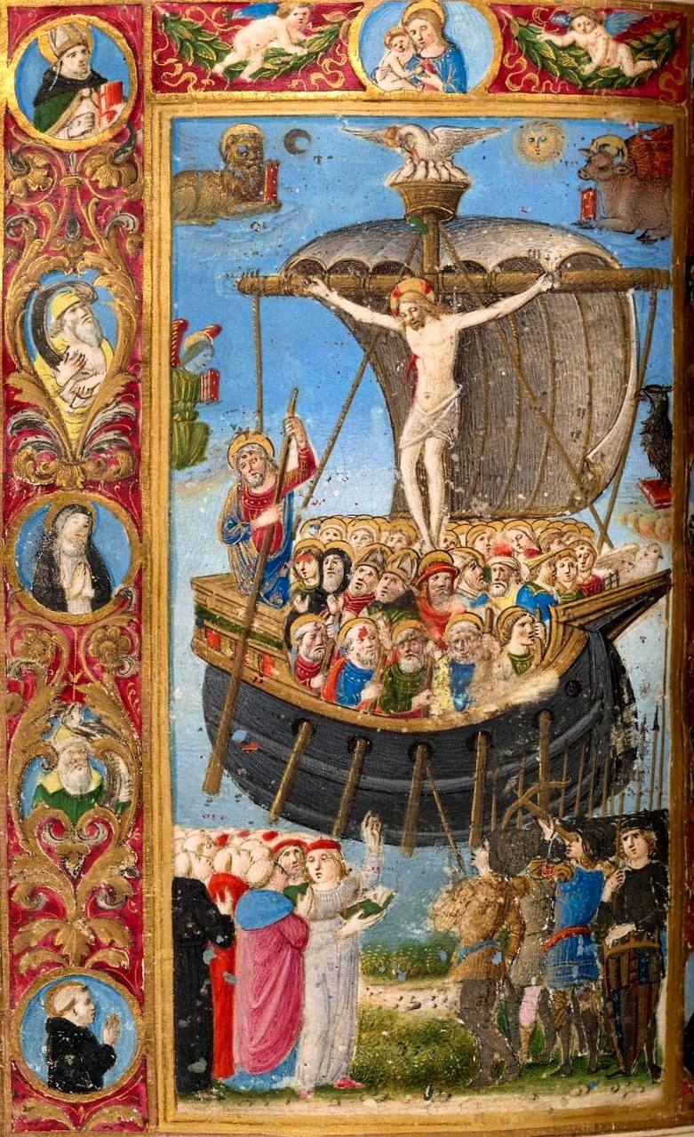 The Church as a ship of saints in the Piccolomini Breviary illustration, Lombardy, circa 1475