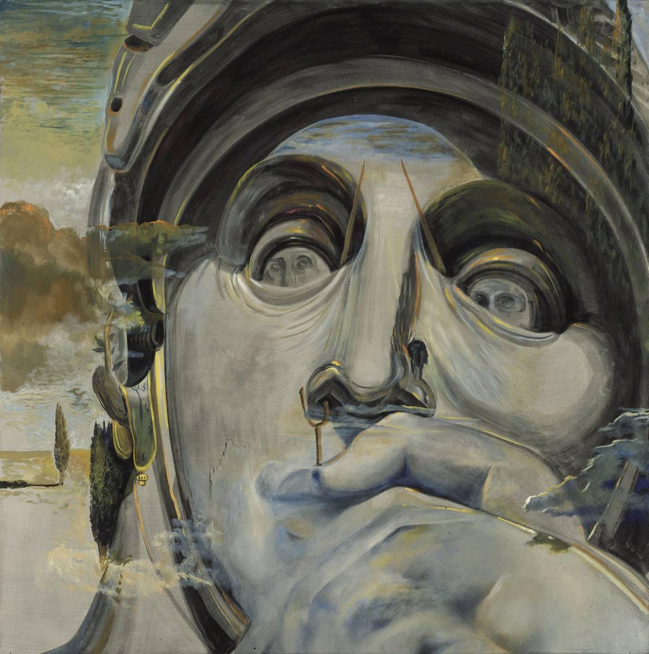 Tableau surréaliste d'un immense visage casqué, aux yeux écarquillés où apparaissent de petits visages, devant un paysage de cyprès.