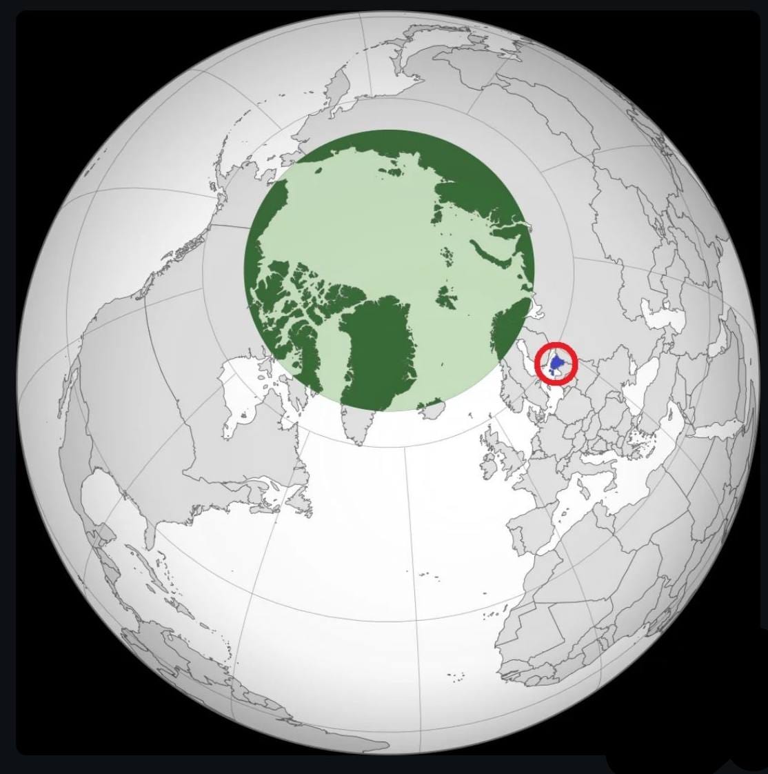 Globe map with the Arctic highlighted in green and a small blue area in northern Europe circled in red.