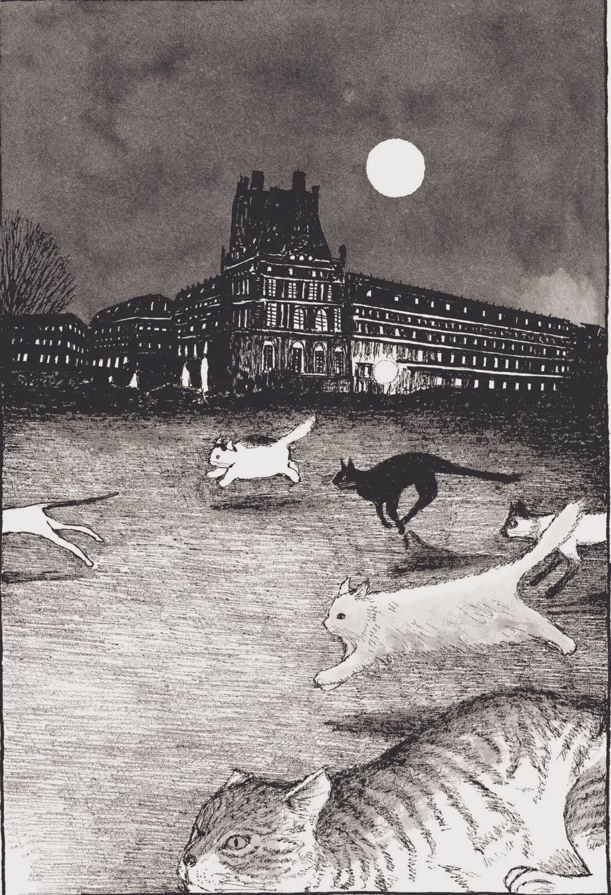 Black and white ink drawing of cats running across an open space at night, with a large lit building and a full moon behind them.