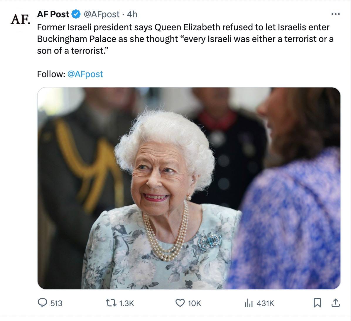 Former President of Israel says Queen Elizabeth refused to admit Israelis to Buckingham Palace because she believed that "every Israeli is either a terrorist or the son of a terrorist"