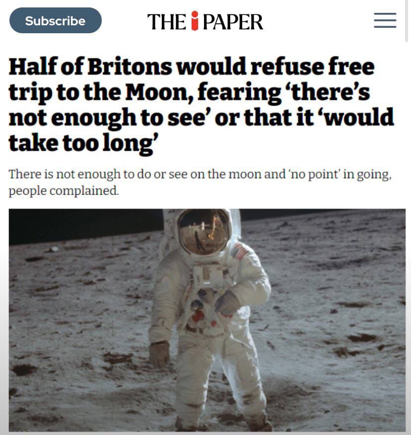 Screenshot of a The i Paper article with a photograph of an astronaut in a spacesuit on the lunar surface.